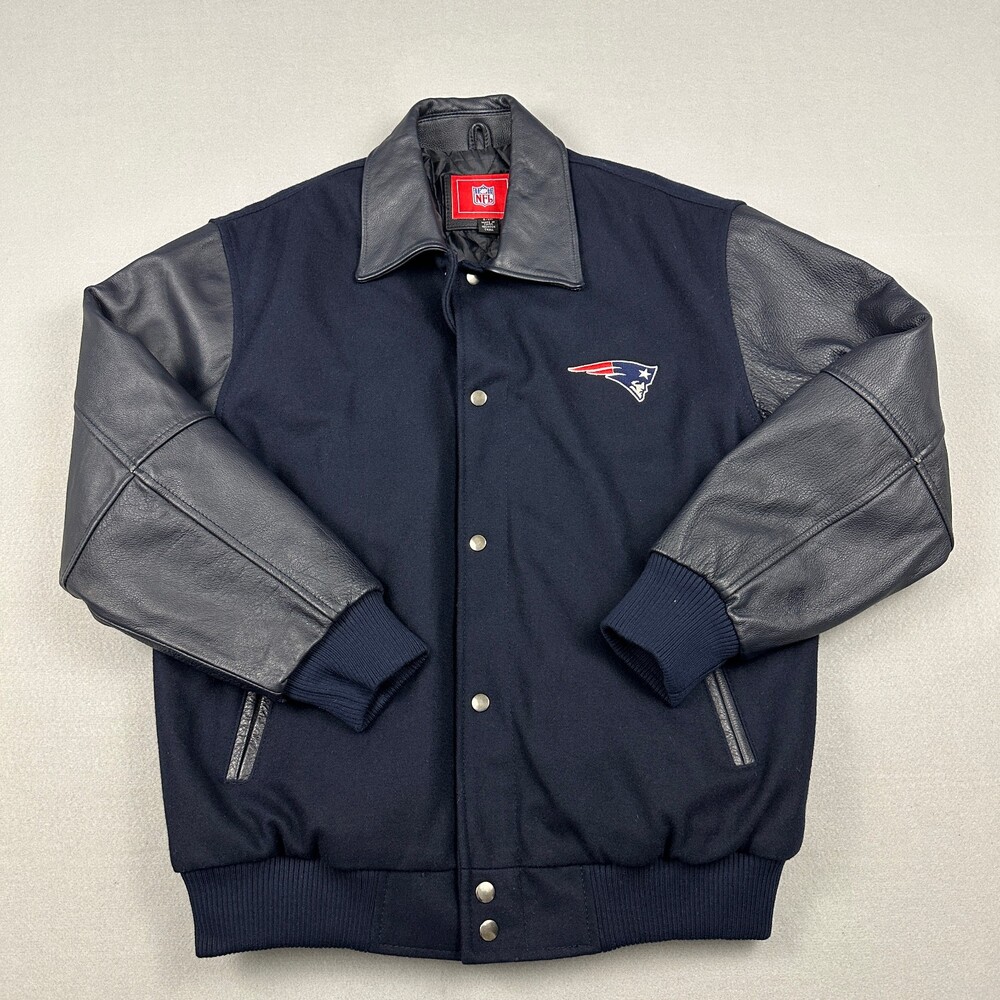 New England Patriots Jacket Men Small Navy Blue Wool Leather Varsity Bomber NFL